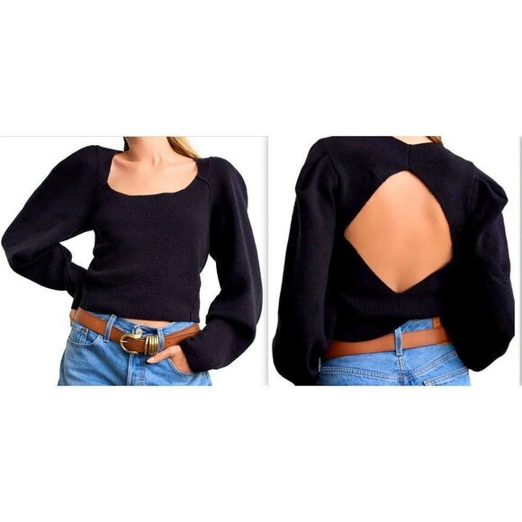 Free People Saffron Black Open Back Sweater Sz L Ribbed Knit Long Sleeves NEW - Picture 9 of 9